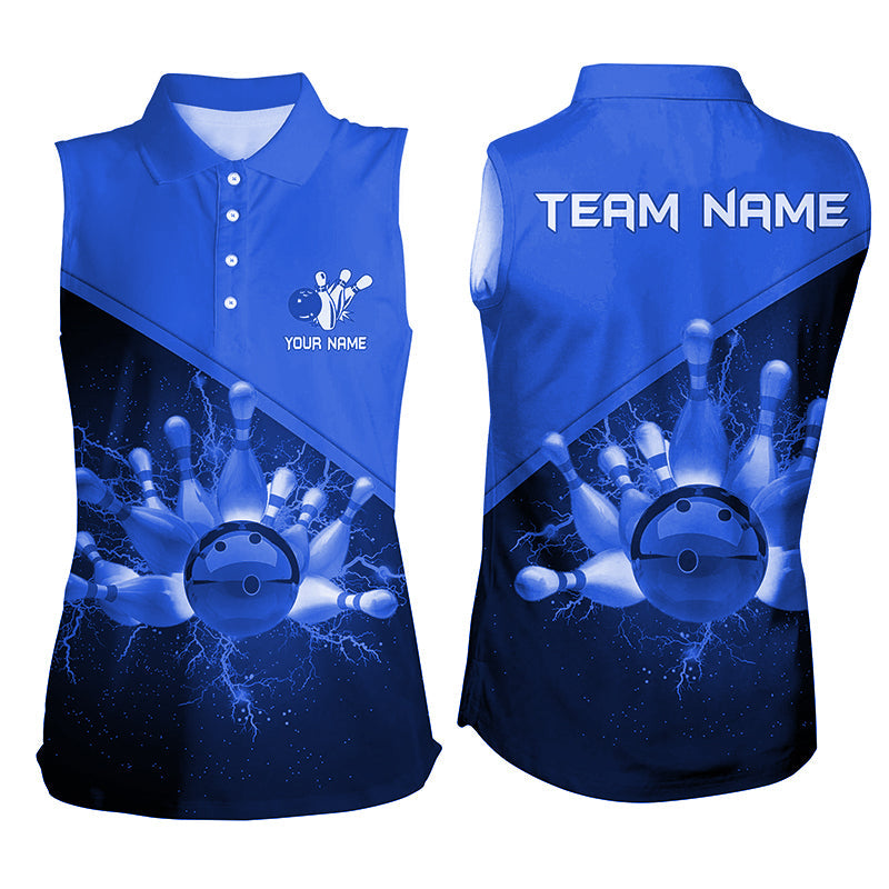 Women sleeveless polo shirts Custom blue lightning thunder Bowling Team Jersey, gift for team Bowlers NQS6620
