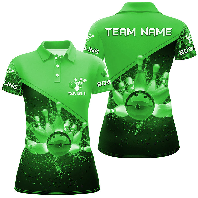 Women bowling polo shirts Custom green lightning thunder Bowling Team Jersey, gift for team Bowlers NQS6621