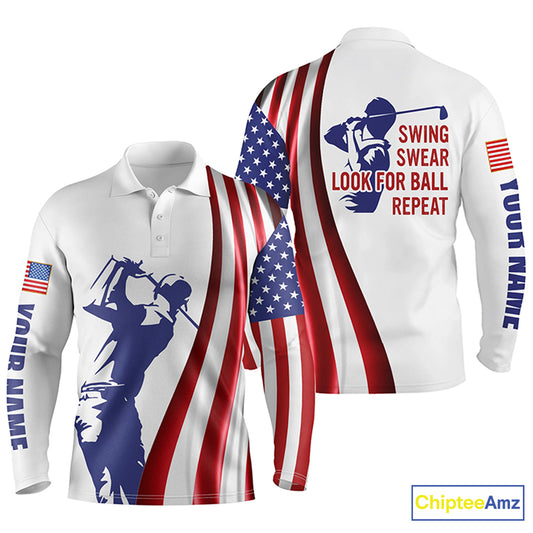 Mens golf polo shirt custom name American flag patriotic golf shirt swing swear look for ball repeat NQS5272