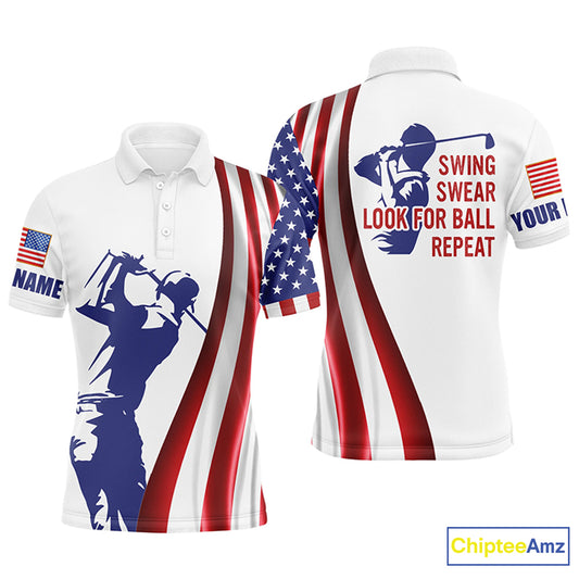 Mens golf polo shirt custom name American flag patriotic golf shirt swing swear look for ball repeat NQS5272
