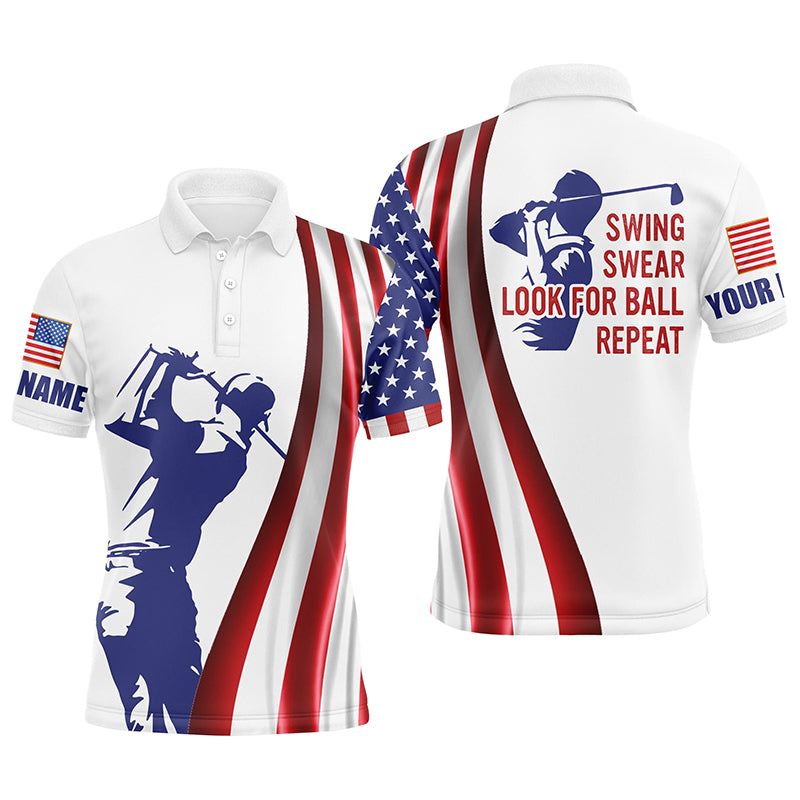 Mens golf polo shirt custom name American flag patriotic golf shirt swing swear look for ball repeat NQS5272