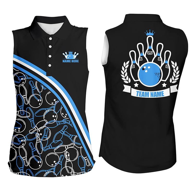 Personalized bowling Sleeveless polo shirt Custom name black blue bowling pattern, bowling team shirts NQS5277