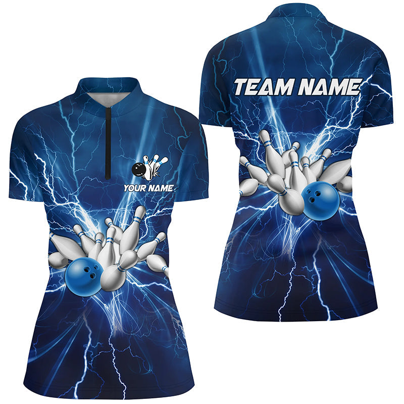 Womens bowling Quarter Zip shirts Custom blue lightning thunder Bowling Team Jersey, gift for Bowlers NQS6638