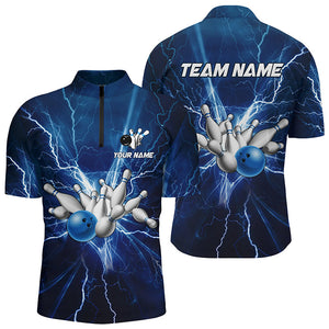 Men's bowling Quarter Zip shirts Custom blue lightning thunder Bowling Team Jersey, gift for Bowlers NQS6638