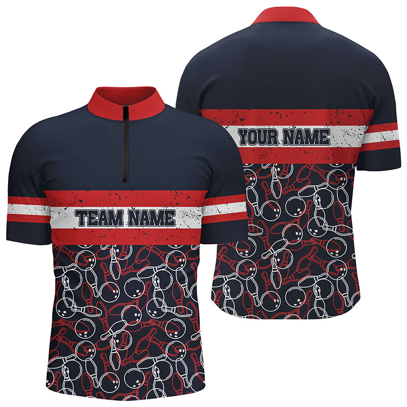 Men's bowling Quarter Zip shirts Custom name red and blue vintage Bowling Team Bowlers Jerseys NQS5274