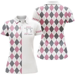 Womens golf polo shirt Jesus is my savior golf is my therapy custom pink argyle plaid ladies golf tops NQS4968