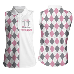 Women Sleeveless polo shirt Jesus is my savior golf is my therapy custom pink argyle ladies golf tops NQS4968