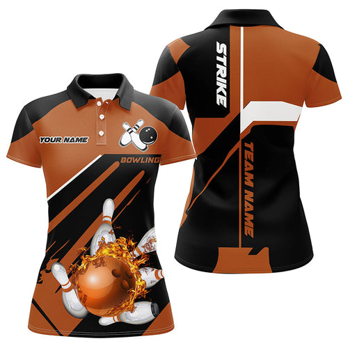 Black and orange Bowling polo shirt for women Custom flame bowling ball and pins polo uniform shirts NQS7309