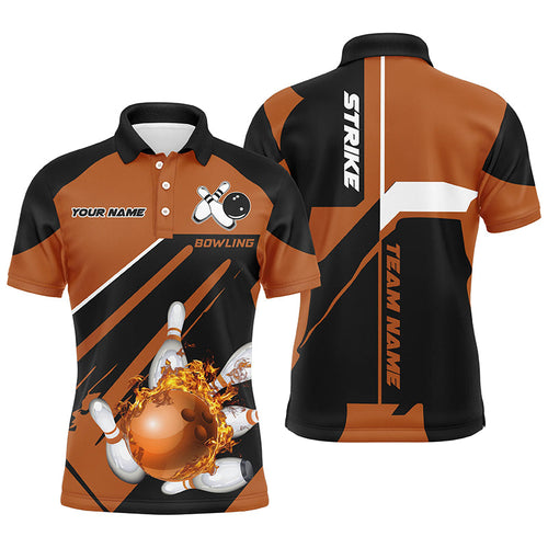 Black and orange Bowling polo shirt for men Custom flame bowling ball and pins polo uniform shirts NQS7309