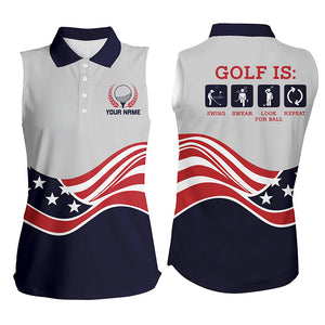Funny Womens sleeveless polo shirt custom name American flag golf is swing swear look for ball repeat NQS5284