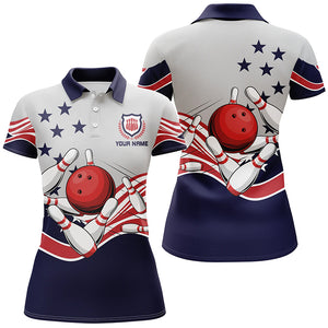 Women bowling polo shirts Custom American flag patriotic vintage Bowling Jerseys, bowling team shirts NQS5285