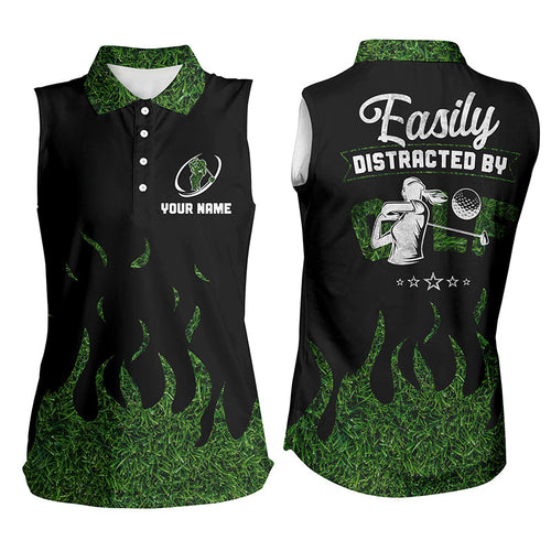 Black Green grass ladies sleeveless golf shirts custom Easily distracted by golf, funny golf shirts NQS6884