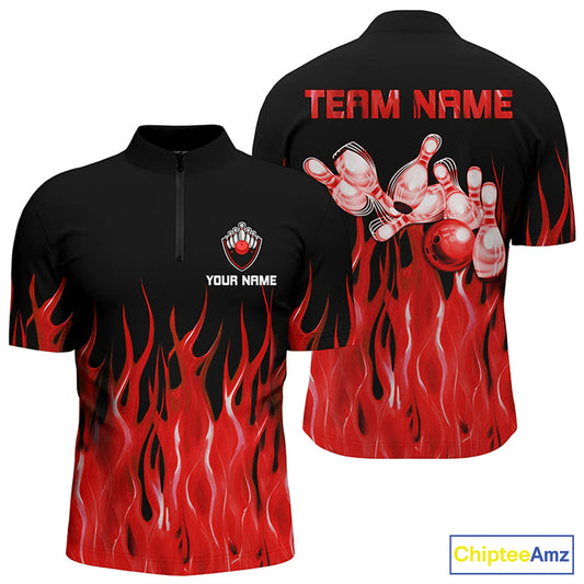Personalized Men Quarter Zip Bowling Shirt Red Flame Bowling Ball Pins bowling jerseys for Bowler NQS7052