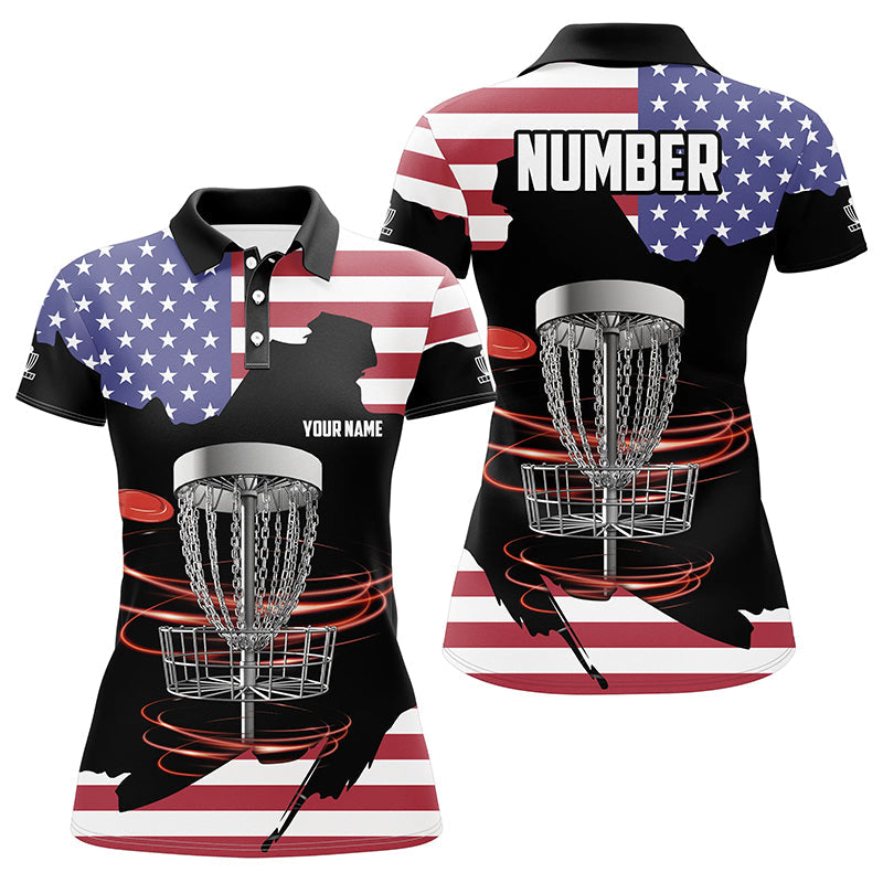 American flag Disc golf basket patriotic Womens disc golf polo shirts custom number disc golf tops NQS7314
