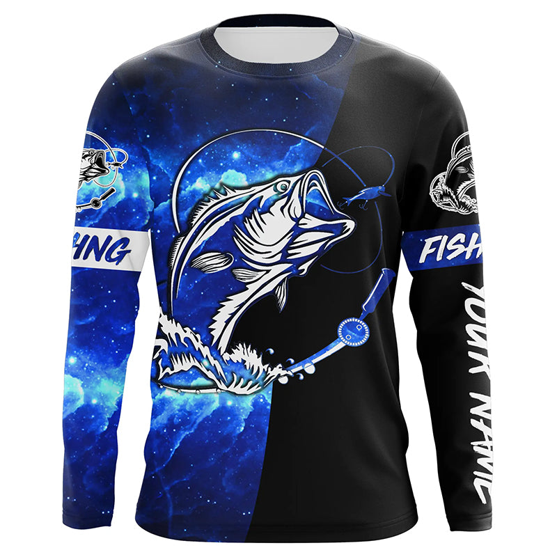 Bass Fishing tattoo blue galaxy black Custom name performance UV protection long sleeve fishing shirts NQS5293