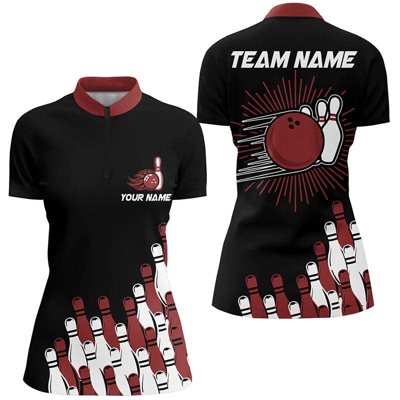 Black retro bowling team shirt custom Women Bowling Quarter Zip Shirt, bowling gifts for her | Red NQS7054