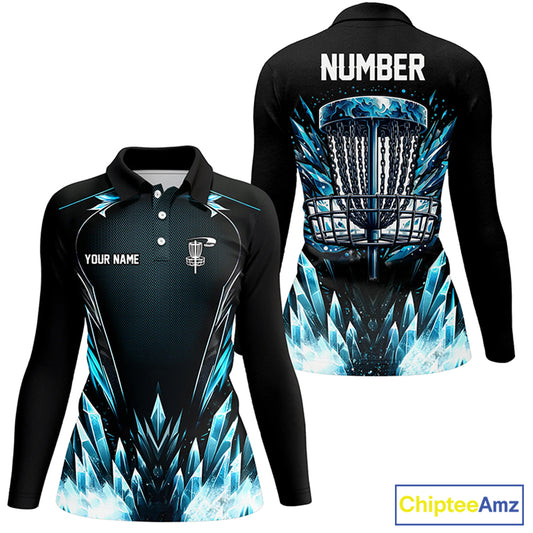 Icy blue Womens Disc golf polo shirts custom black disc golf basket jerseys, disc golf shirts NQS7323