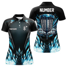 Load image into Gallery viewer, Icy blue Womens Disc golf polo shirts custom black disc golf basket jerseys, frisbee golf shirts NQS7323