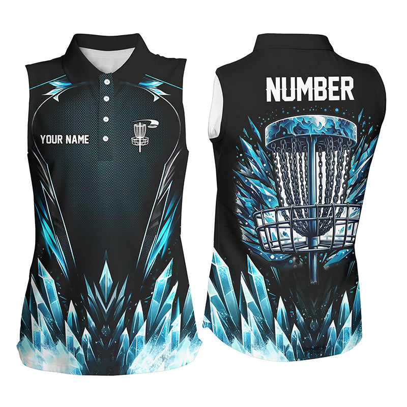 Blue camo Women Disc golf sleeveless polo shirts custom black disc golf jerseys, frisbee golf shirts NQS7323