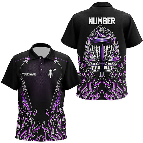 Purple flame Kid Disc golf polo shirts custom black disc golf fire jerseys, frisbee golf shirts NQS7324