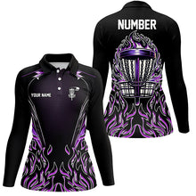 Load image into Gallery viewer, Purple flame Womens Disc golf polo shirts custom black disc golf fire jerseys, frisbee golf shirts NQS7324