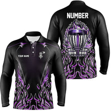 Load image into Gallery viewer, Purple flame Mens Disc golf polo shirts custom black disc golf fire jerseys, frisbee golf shirts NQS7324