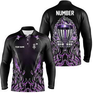 Purple flame Mens Disc golf polo shirts custom black disc golf fire jerseys, frisbee golf shirts NQS7324