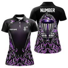 Load image into Gallery viewer, Purple flame Womens Disc golf polo shirts custom black disc golf fire jerseys, frisbee golf shirts NQS7324