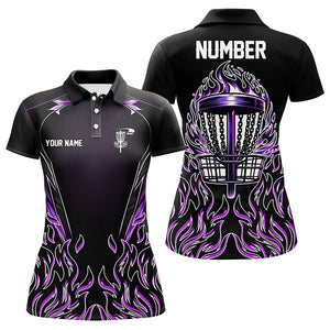 Purple flame Womens Disc golf polo shirts custom black disc golf fire jerseys, frisbee golf shirts NQS7324