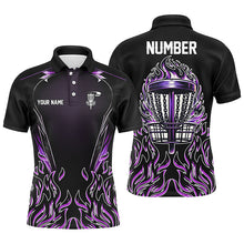 Load image into Gallery viewer, Purple flame Mens Disc golf polo shirts custom black disc golf fire jerseys, frisbee golf shirts NQS7324