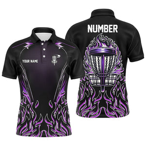 Purple flame Mens Disc golf polo shirts custom black disc golf fire jerseys, frisbee golf shirts NQS7324