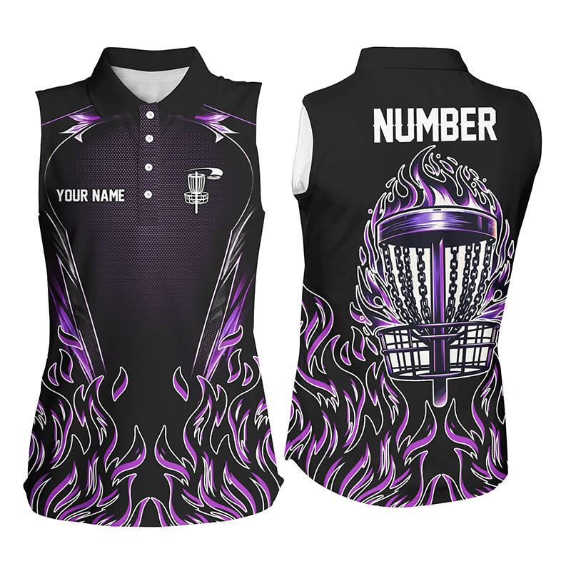 Purple flame Women sleeveless polo shirts custom black disc golf fire jerseys, frisbee golf shirts NQS7324