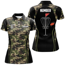 Load image into Gallery viewer, Black Womens disc golf polo shirt custom name, number camo disc golf jersey, ladies disc golf apparel NQS6434