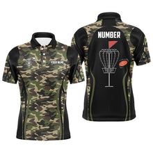 Load image into Gallery viewer, Black Mens disc golf polo shirt custom name, number camo disc golf jersey, mens disc golf apparel NQS6434