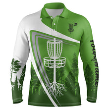 Load image into Gallery viewer, Mens disc golf polo shirt custom name green disc golf basket, personalized disc golf shirts NQS4394