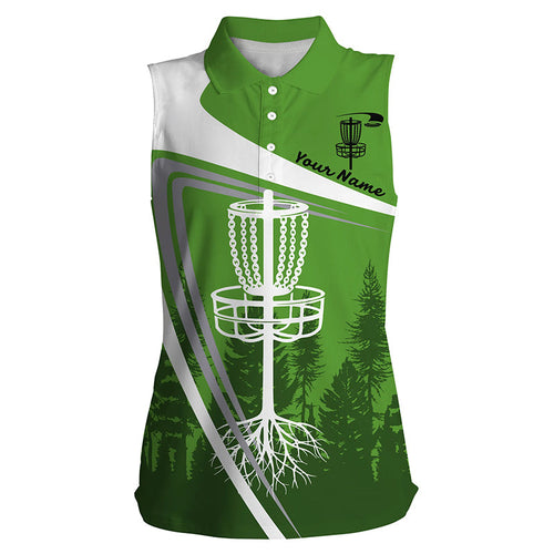 Womens disc golf sleeveless polo shirt custom name green disc golf basket, personalized disc golf shirts NQS4394