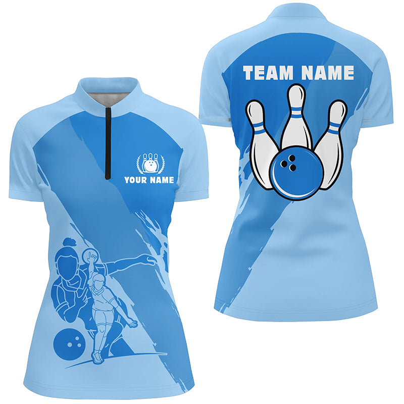 Personalized 3D bowling shirts for women, Custom blue Short Sleeve Quarter Zip Bowling Shirt for Girls NQS5300