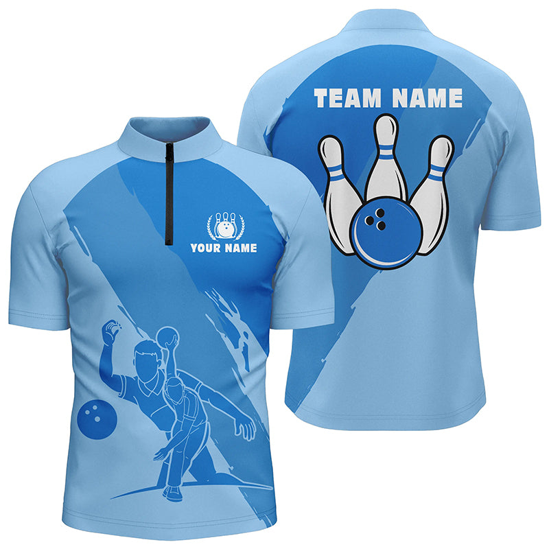 Personalized 3D Men's bowling Quarter Zip shirts, Custom blue team bowling jerseys for men NQS5300
