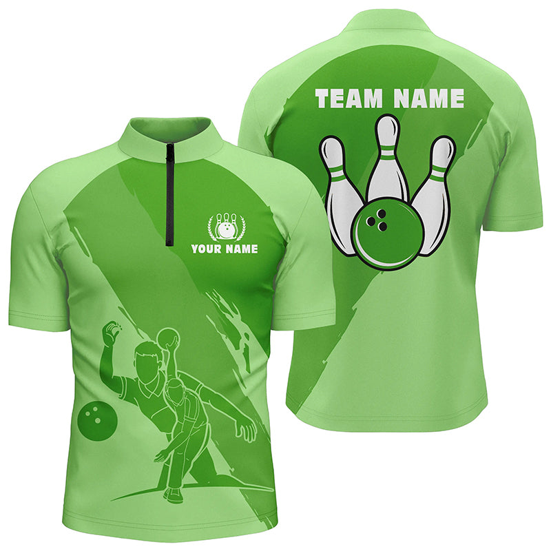 Personalized 3D Men's bowling Quarter Zip shirts, Custom green team bowling jerseys for men NQS5301