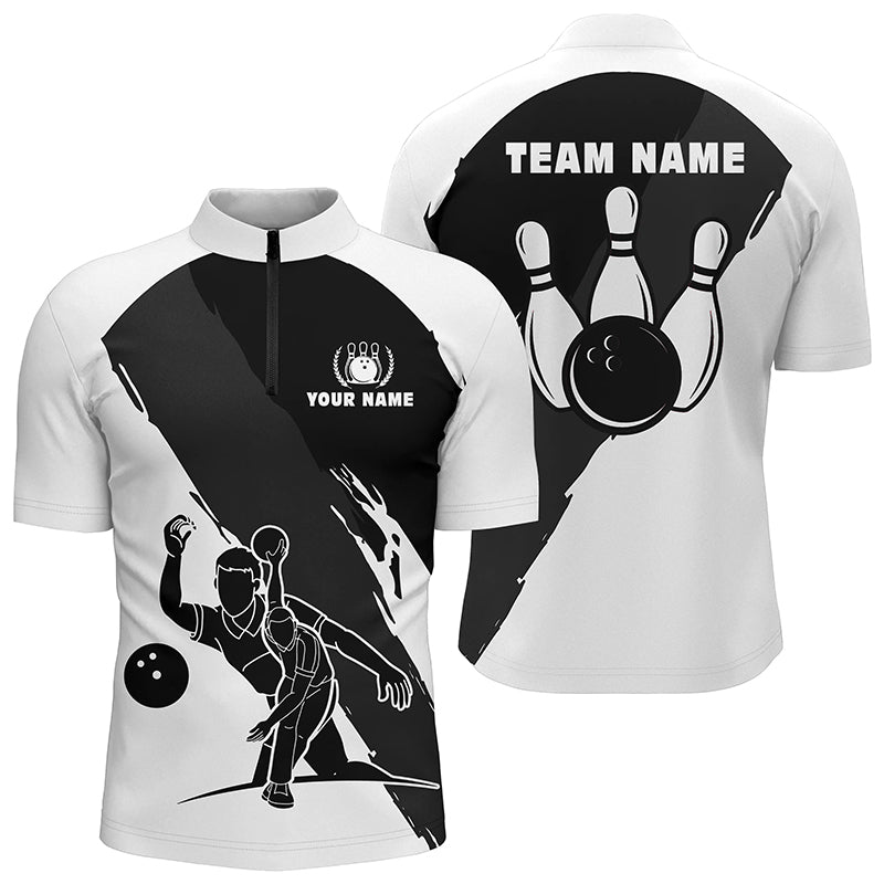 Personalized 3D Men's bowling Quarter Zip shirts, Custom black white team bowling jerseys for men NQS5302