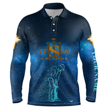 Load image into Gallery viewer, Mens golf polo shirts custom Jesus is my savior easter golf wear for mens, golfer gifts | Blue NQS5021