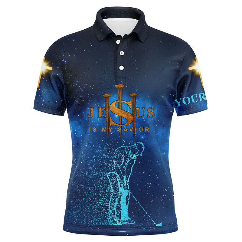 Mens golf polo shirts custom Jesus is my savior easter golf wear for mens, golfer gifts | Blue NQS5021