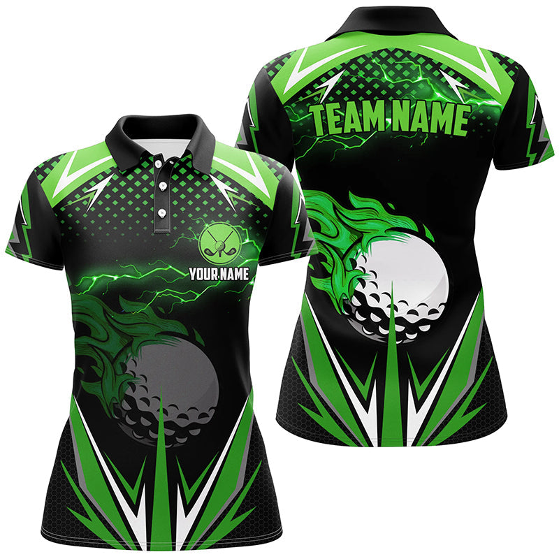 Black Womens golf polo shirts custom green fire lightning team golf jerseys, golf attire for ladies NQS7325