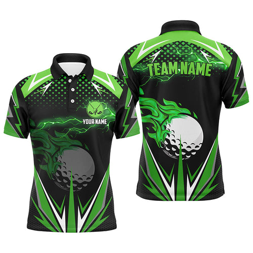 Black Mens golf polo shirts custom green fire lightning team golf jerseys, golf attire for men NQS7325