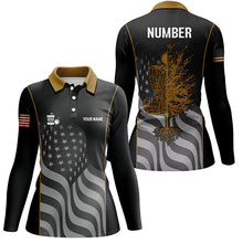 Load image into Gallery viewer, Orange black American flag Womens disc golf polo shirt custom name, number patriotic disc golf jersey NQS7327