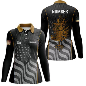 Orange black American flag Womens disc golf polo shirt custom name, number patriotic disc golf jersey NQS7327