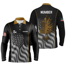 Load image into Gallery viewer, Orange black American flag Mens disc golf polo shirt custom name, number patriotic disc golf jersey NQS7327