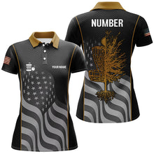 Load image into Gallery viewer, Orange black American flag Womens disc golf polo shirt custom name, number patriotic disc golf jersey NQS7327