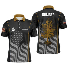 Load image into Gallery viewer, Orange black American flag Mens disc golf polo shirt custom name, number patriotic disc golf jersey NQS7327