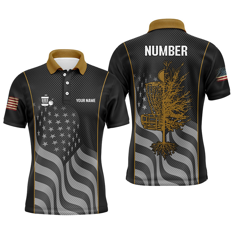 Orange black American flag Mens disc golf polo shirt custom name, number patriotic disc golf jersey NQS7327